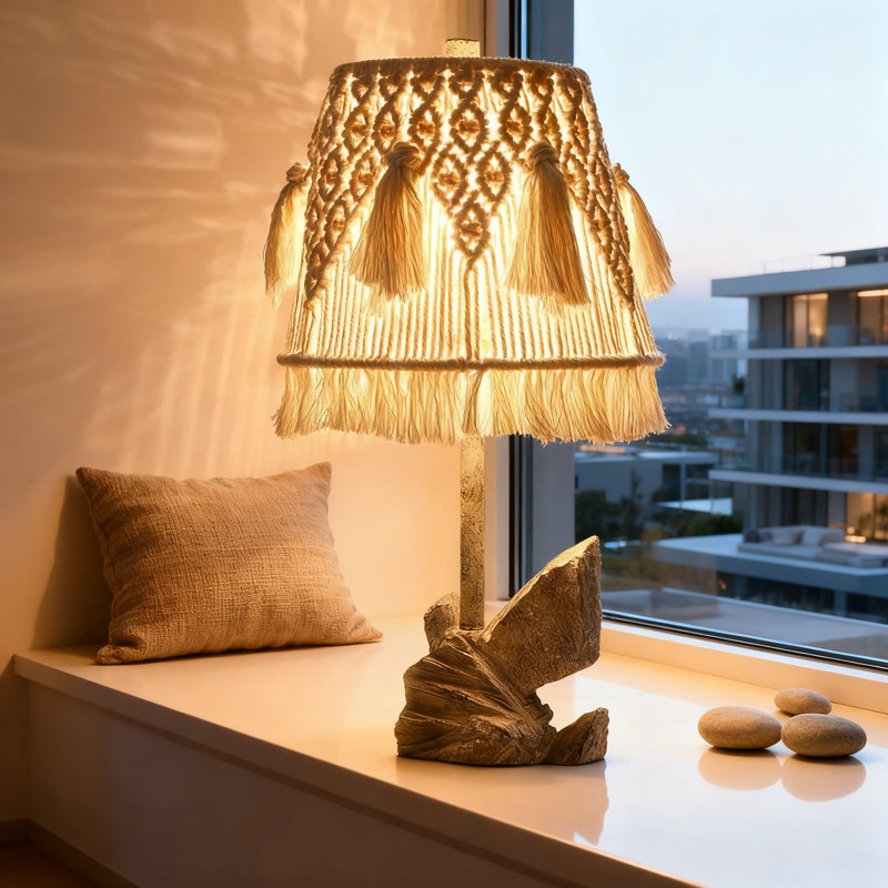 Lampe de table bohème fabriquée à la main avec abat-jour en corde de coton et base rétro, lampe décorative en résine pour le salon, la chambre à coucher et le bureau