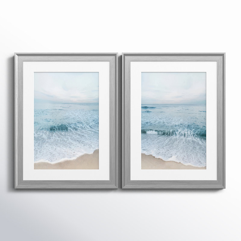 Tranquil Ocean I - ensemble de 2 reproductions, Blanc, H 18,5 po x l 49 po x P 1,5 po, Papier avec cadre argenté