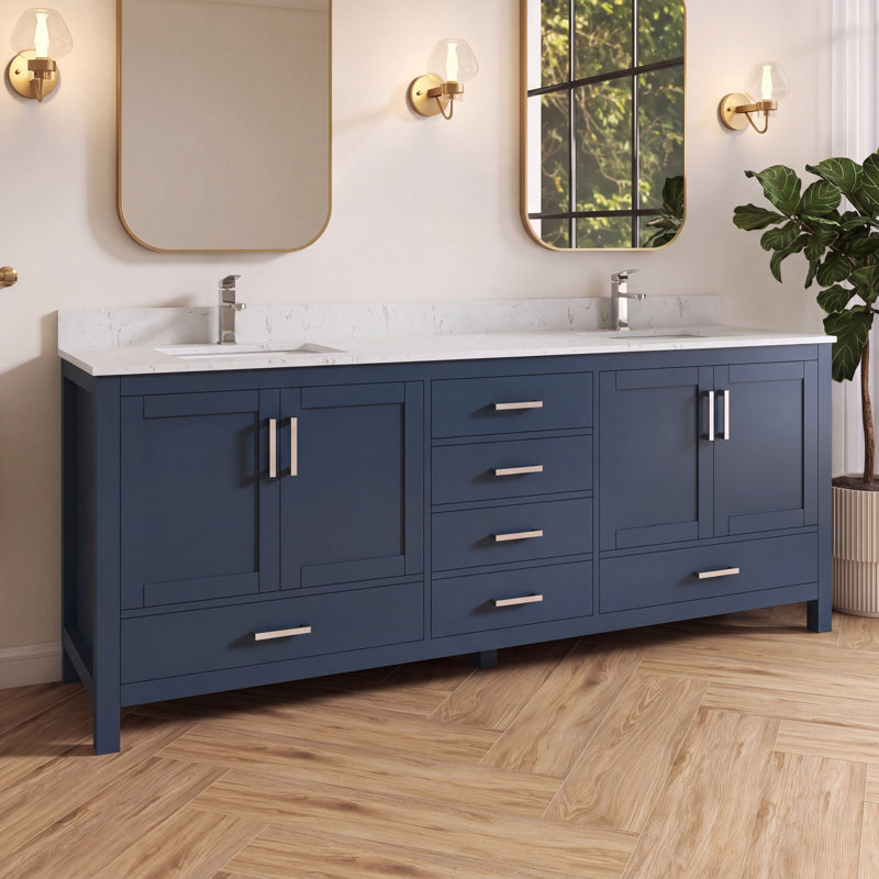 Felix 84'' Fully Assembled Double Bathroom Vanity With Engineered Marble Top and Backsplash, 84", Blue