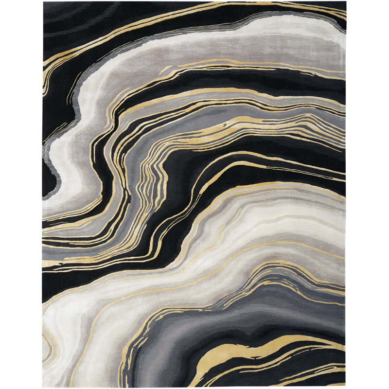 Tapis beige / noir / gris en viscose touffeté à la main Abstract, Rectangle 9 pi 9 po x 13 pi 9 po