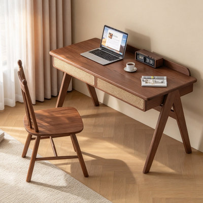 Retro Rattan Rectangle Solid Wood Writing Desk