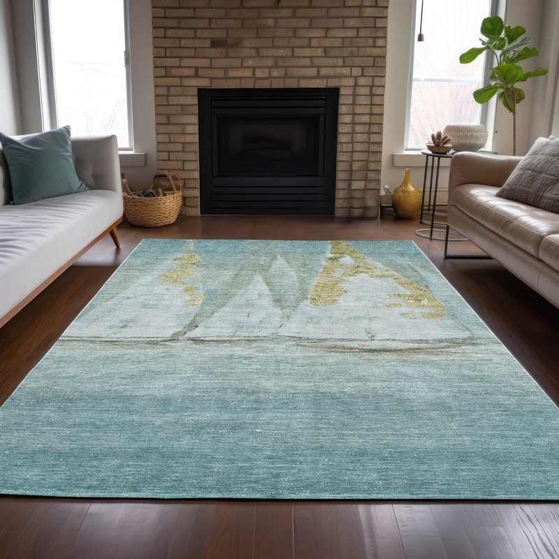 Tapis bleu sarcelle lavable à la machine intérieur / extérieur Xhevrie, Rectangulaire 8 pi x 10 pi