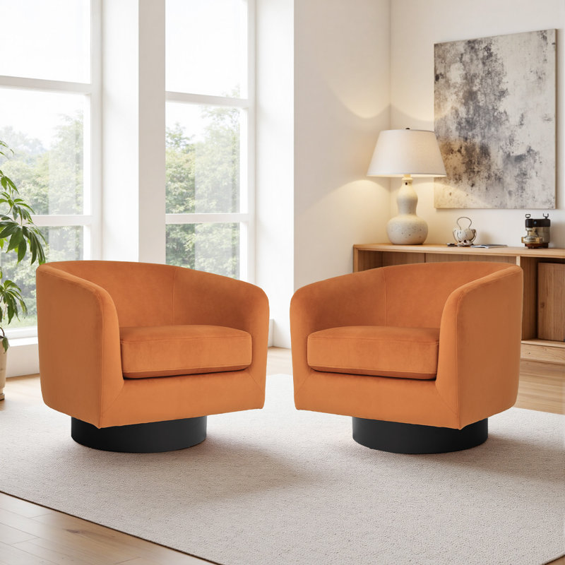 Eugenie Applewold Upholstered Orange Velvet Swivel Barrel Chair with Solid Wood Base, Orange
