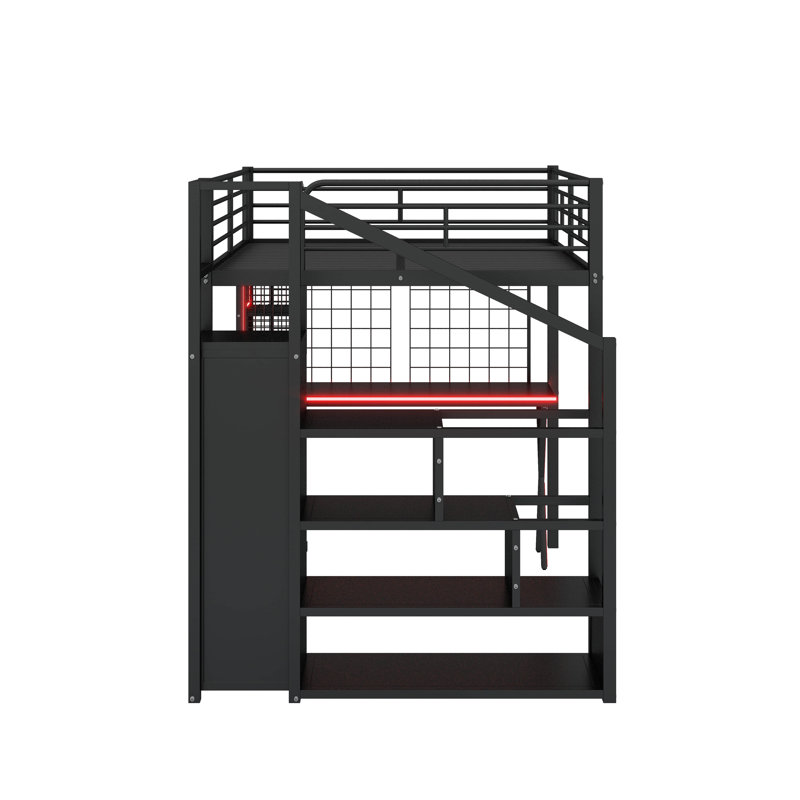 Full Size Metal Loft Bed With Built-In Work Station, Wardrobe, Storage Staircase And LED