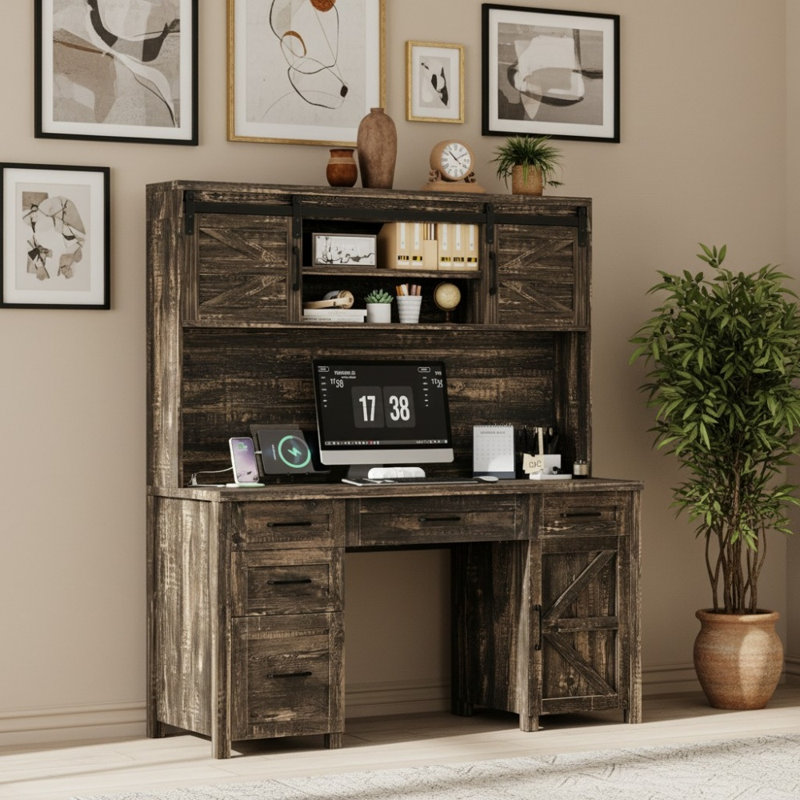 Bureau de direction Farmhouse avec huche, portes de grange coulissantes, armoire de rangement et 5 tiroirs, Gris