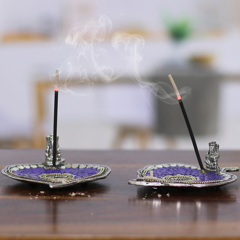 Bungalow Rose Handmade Blue Betel Aluminum Incense Holders (Pair)
