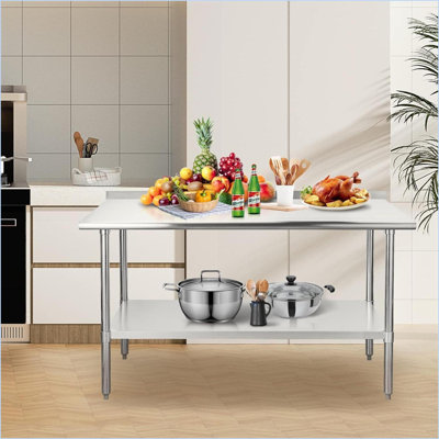 Dining Tables | Mesa de Comedor | 24x60 Stainless Steel Table, Adjustable Undershelf, Home/Commercial/Outdoor | Brushed Silver