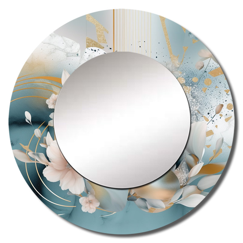 Philomen Blue Marble Gold Floral Impressions III - miroir mural floral, miroir décoratif rond bleu, impression d'art en métal