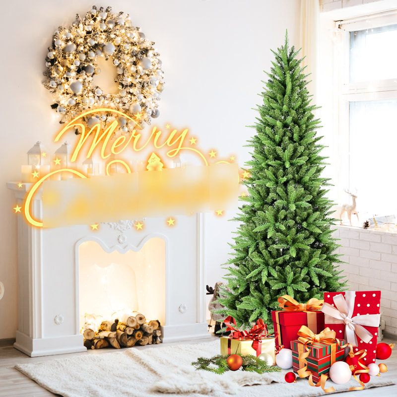 Arbre de Noël élancé de 7,5 pi avec 1396 pointes pe + mixtes, installation à charnières simple et rapide, support stable pour arbres d'entrée minces, appartements à structure rapide