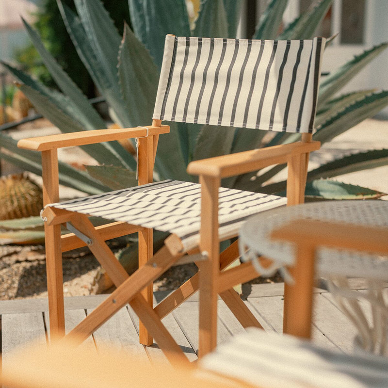 Directors Chair Table, Black/White Striped/Natural Wood