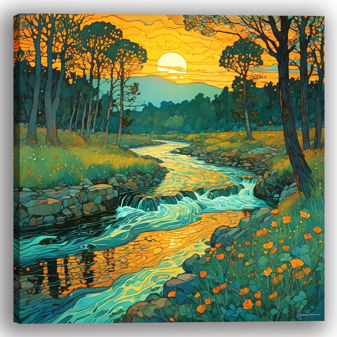 Lark Manor™ Sunset River Flowing Through Autumn Forest Wrapped Canvas ...