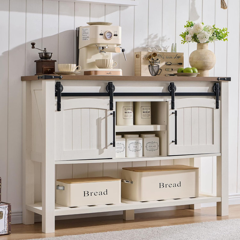 Entryway Table with Sliding Arch Doors, 46" Rustic Console Table with Adjustable Shelf, Natural