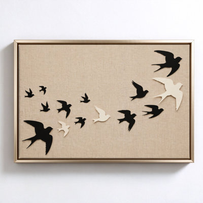 Birds in Flight on Linen, Beige Framed Canvas Wall Art, 20" x 30", Modern Wall Decor for Living Room and Bedroom