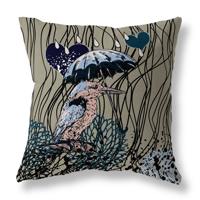 Coussin décoratif réversible Bird / Umbrella, H 16 po x l 16 po, Bleu / jaune / gris
