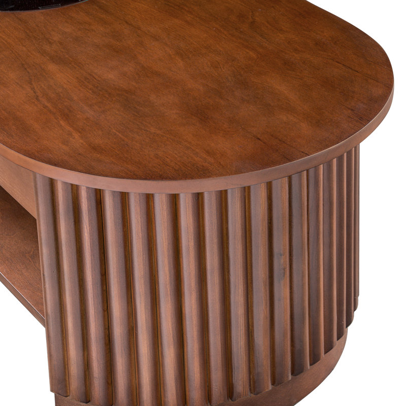 Table basse ovale cannelée de style moderne du milieu du siècle avec tiroirs de rangement, plateau en verre trempé, table basse en bois à 2 niveaux
