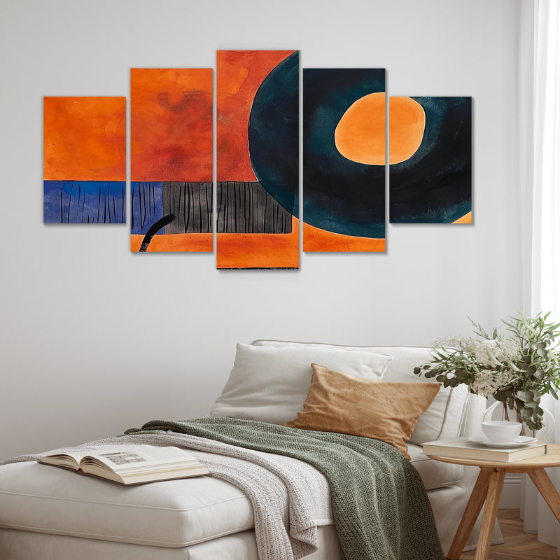 «Retro Dada Painting Orange Black» - ensemble d'art mural abstrait 5 pièces, H 32 po x l 60 po