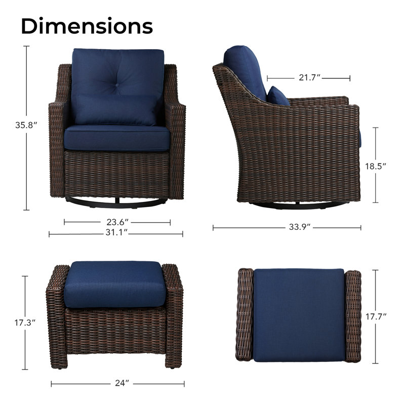 Fauteuil de patio pivotant avec repose-pieds Keaisha, Bleu/brun