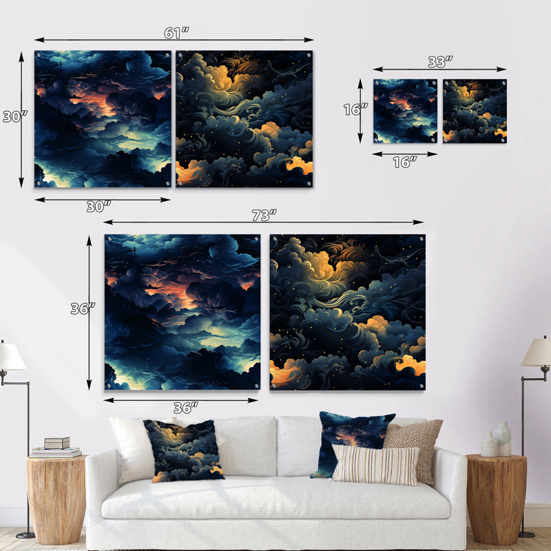 Noir Skies Moody Patterns - Ensemble abstrait d'art mural en acrylique sur verre, H 16 po x l 33 po