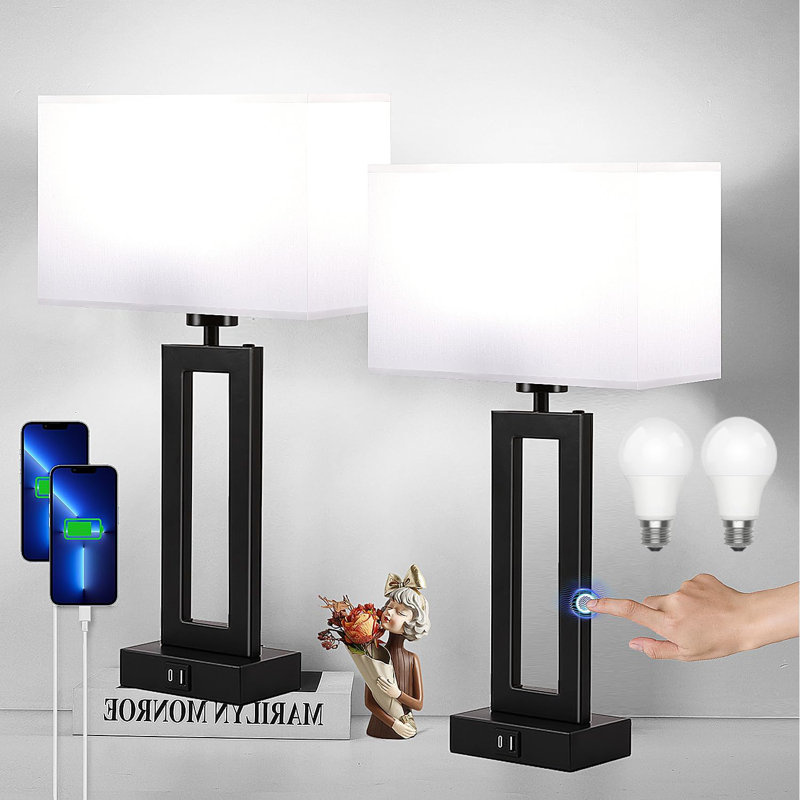 Ensemble de 2 lampes de table à commande tactile avec ports USB C + A, lampes de chevet à intensité variable 3 voies, lampes de salon modernes pour tables de bout, lampes de chevet, noir