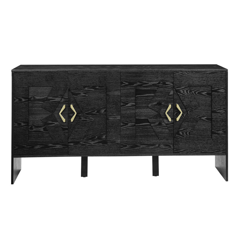 60" Mid Century Modern Sideboard Buffet Cabinet With Storage, TV Media Console, Storage Cabinet With Geometric Pattern & Adjustable Shelves For Kitchen Dining Living Room Entryway Hallway, Black