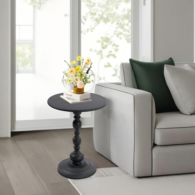21" Round Metal Vintage End Table, Black