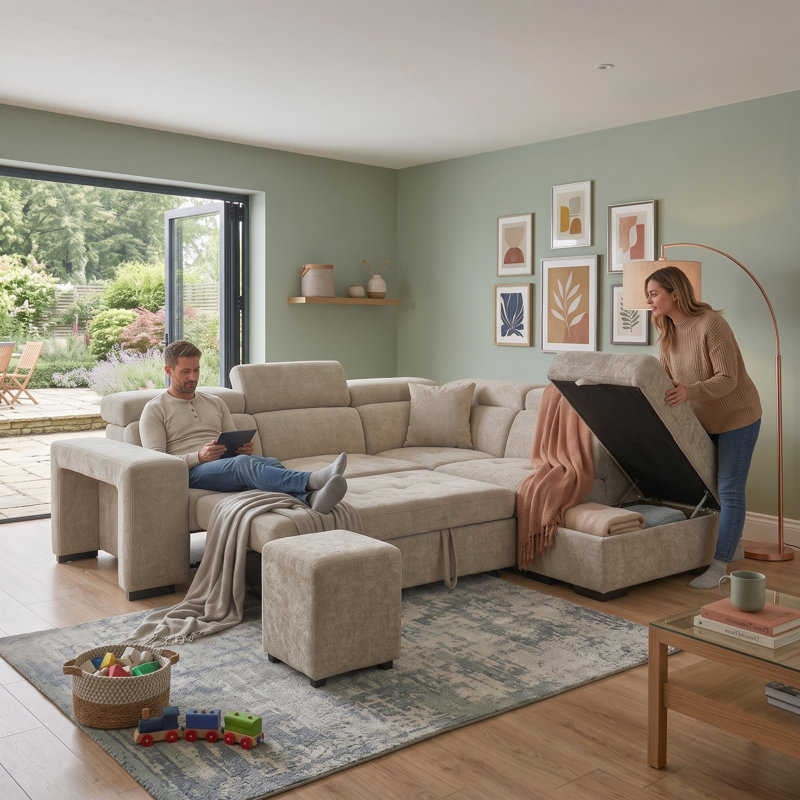 4 Seater Corner Sofa , Right Hand Facing, Beige Chenille