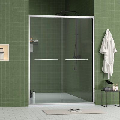 60" Wide And 70" High Aluminum Frame Bypass Bathroom Sliding Door With Double Handle As Towel Rail, - Crash Angle, Mute Rollers, Easy To Install 56 Adjustable Width 8mm & Tempered Glass, Stainless