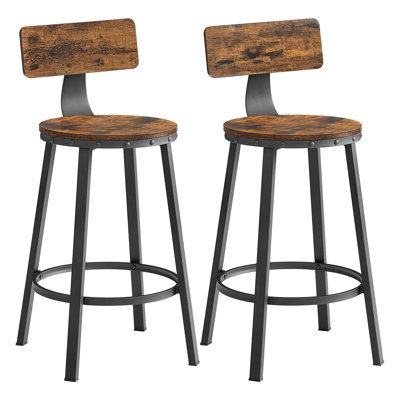 Bar Stools Kitchen Stools Set Of 2 High Back Bar Stools Steel Frame 62.5Cm High Seat Easy Assembly Industrial Rustic Brown And Black