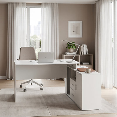 L-Shaped Computer Desk With Storage Cabinet, Drawers, Open Shelf & CPU Stand