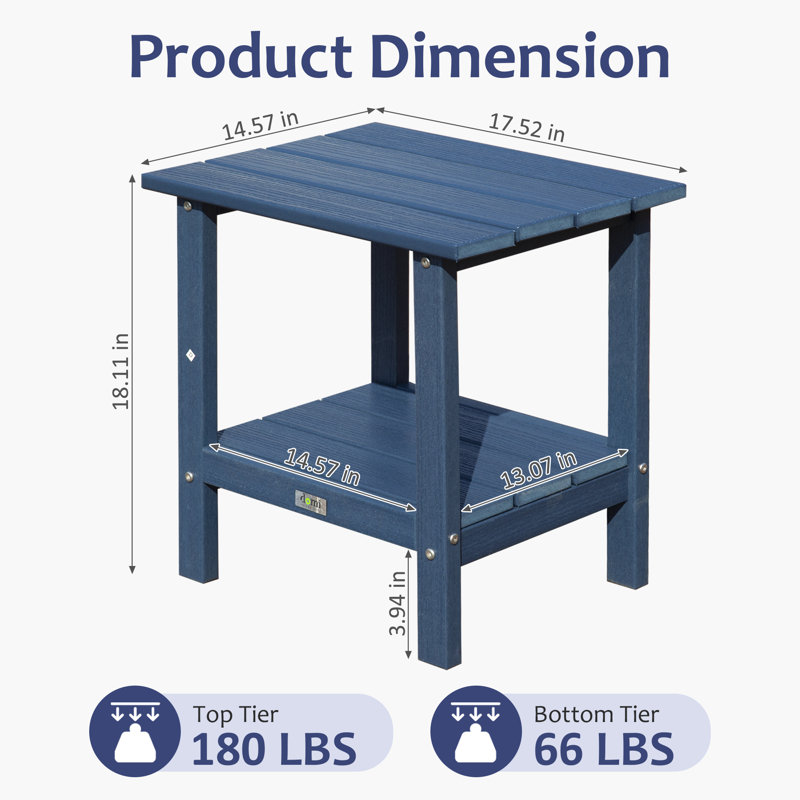 HDPE Double-Tier Rectangular Patio Table All Weather Outdoor Adirondack Side Table, Dark Blue