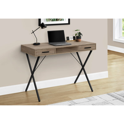Bureau d'écriture de 107 cm (42 po) pour bureau à domicile - Style contemporain, stratifié brun, structure en métal, poste de travail informatique taupe, piètement noir, étagère ouverte