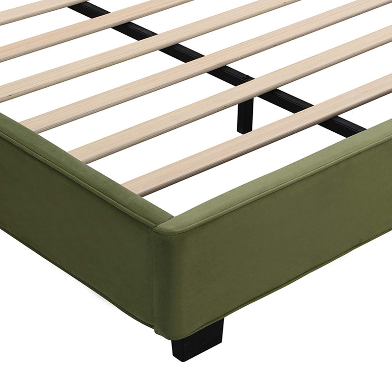 Structure de lit en velours, lit plateforme tapissier avec tête de lit capitonnée incurvée, coins carrés doux, vert olive