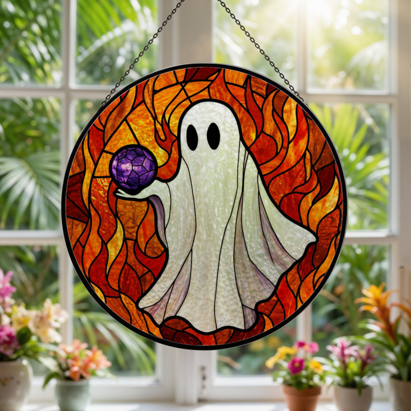 12"H Ghost Flame Stained Glass Window Panel