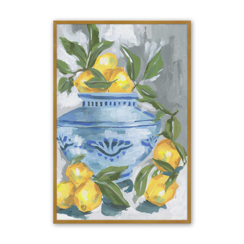 Indigo et citron I par Melissa Wang, reproduction d'art sur toile, H 16 po x l 12 po, Encadrement ouvert sans papier mat