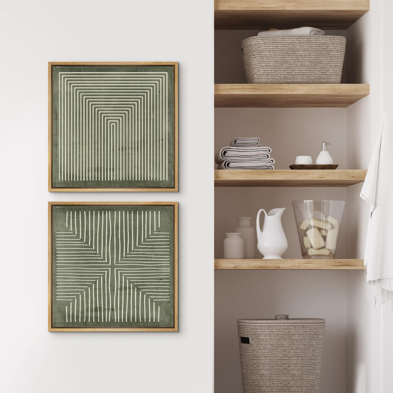 Geometric Abstract Line Minimalist - Framed Canvas Master Bedroom Wall Art Work 2 Pieces Print, Green, 24" H x 24" W x 1.5" D
