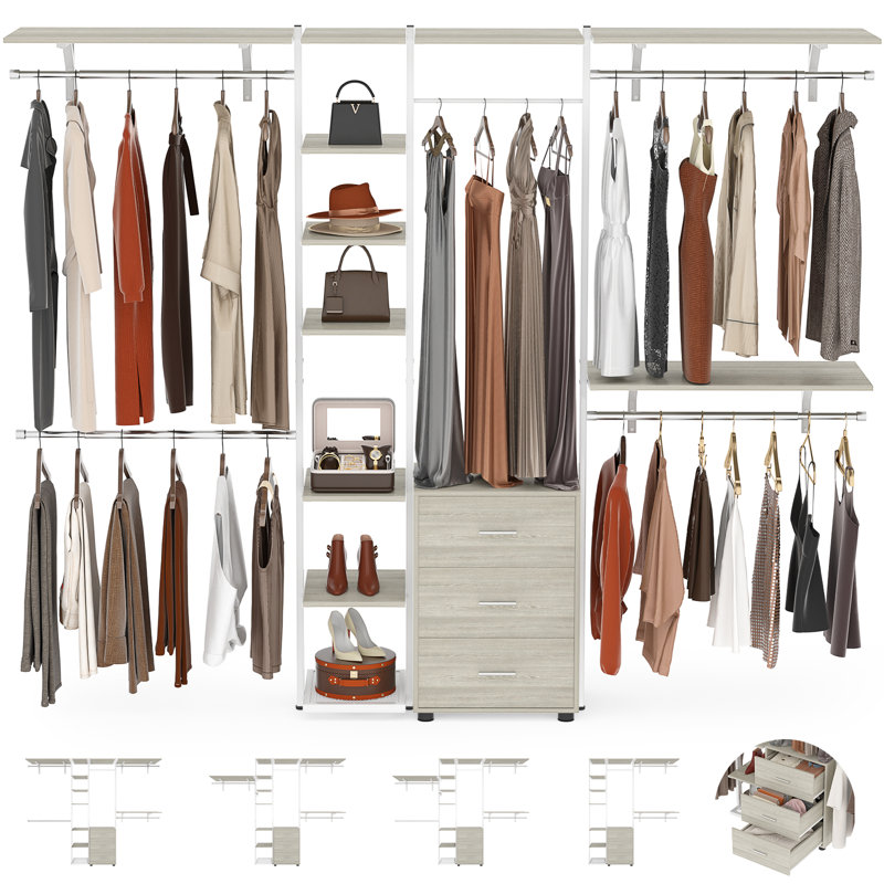 96'' Closet System with 5 Hanging Rods and 3 Wood Drawers, White Oak
