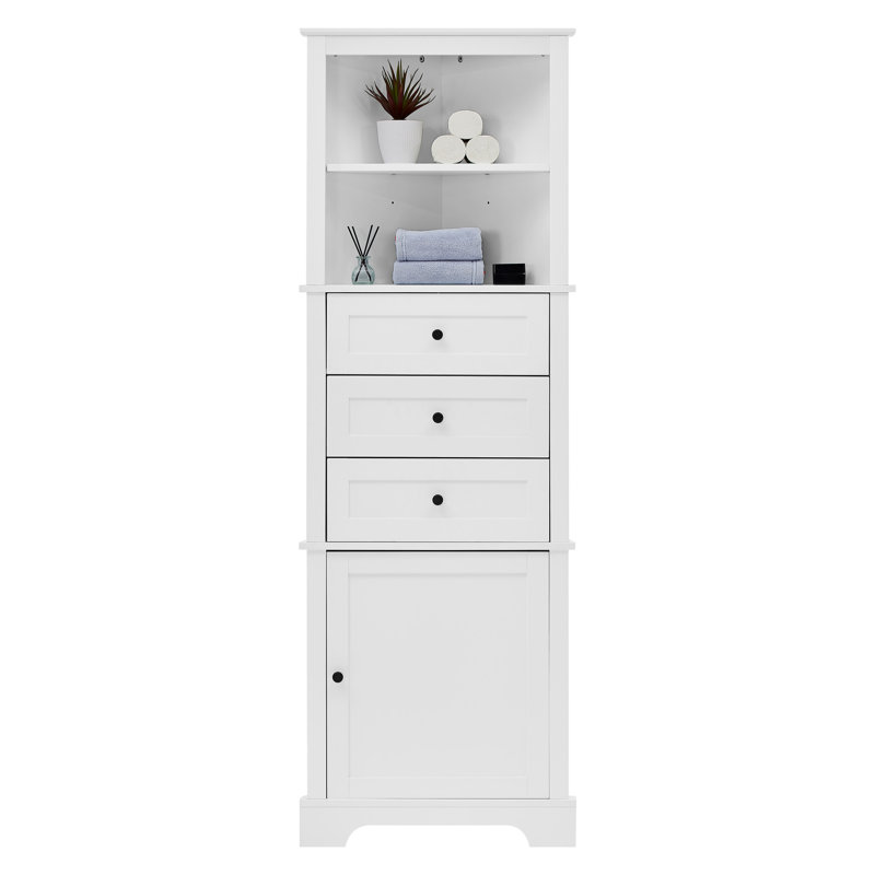 White Triangle Cabinet With Adjustable Shelves And 3 Drawers, For Living Room, Kitchen, Board, Metal Handles Design Heavy - Duty
