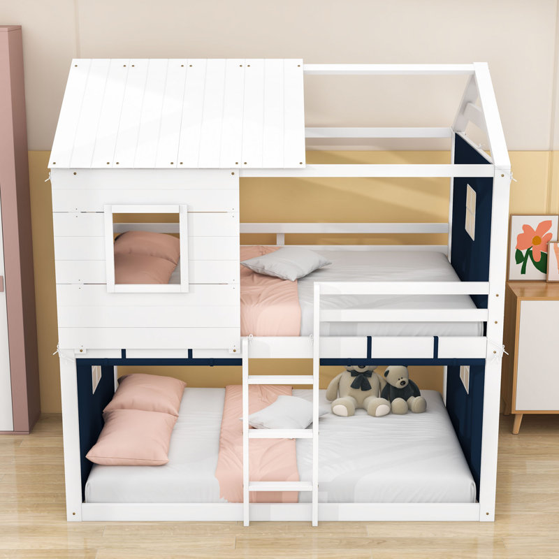 Wood Playhouse Tent Bed Frame With Roof, Double sur double, Bleu / blanc