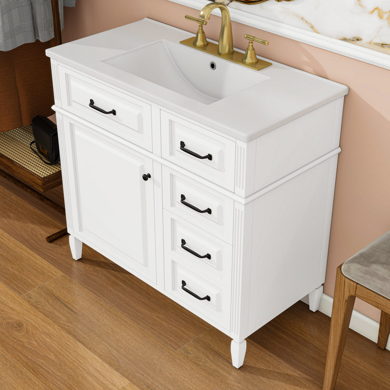 Meuble-lavabo avec lavabo, tiroirs et tablette réglable, Blanc