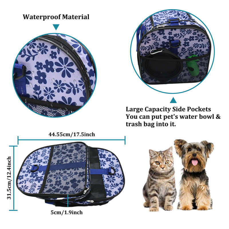  Sac de transport pour chien à parois souples pour petits chiens, H 11 po x l 19 po x P 11 po, Imprimé floral bleu