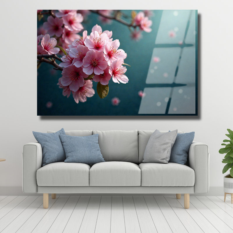 Art mural en verre trempé fleur de cerisier rose, 12" H x 16" W