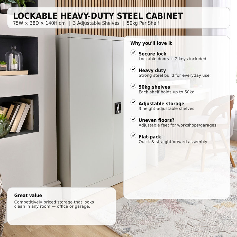 2 -Door 3 -Shelf Storage Cabinet, Grey - 75cm(w) x 38cm(d) x 140cm(h)