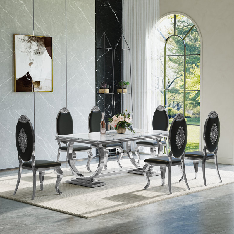 7 - Piece Dining Set, 7 Pieces: Table, 6 Chairs, Black/Black/Silver, White/Black/Silver