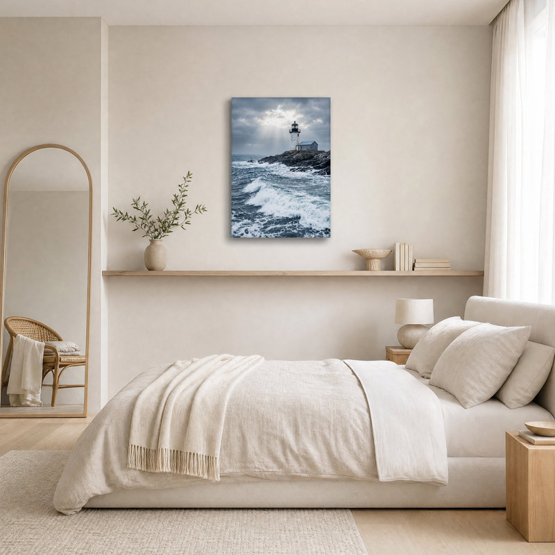 Art mural sur toile avec phare blanc sur une côte rocheuse avec vagues, H 18 po x l 12 po
