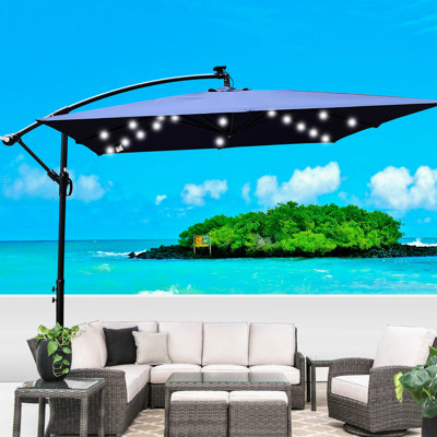 Parasol carré 2,5X2,5M avec lumières solaires - coupe-vent, 8 nervures, manivelle, base croisée pour terrasse, jardin, cour arrière, terrasse de piscine, bleu marine, éclairage extérieur à DEL, protégé, manivelle,