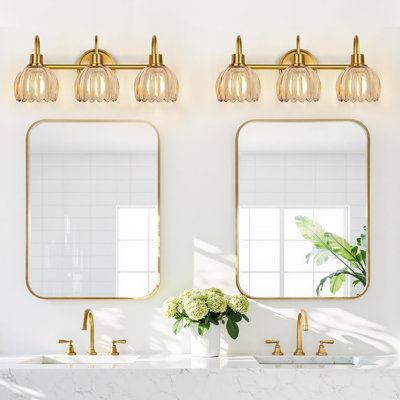 Luminaires de salle de bain pour salle de bain (3 lumières, 20 po), or brossé, avec abat-jour en verre tulipe nervuré