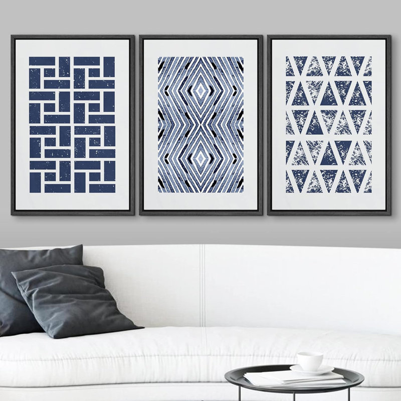 Carré bleu géométrique et formes abstraites à motifs abstraits, art bohémien bleu marine, 3 pièces, H 24 po x l 48 po, Noir