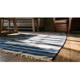 Blue and White Stripes Antique Indian Room Size Flatwoven Cotton Dhurrie Rug