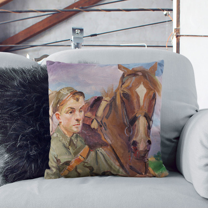 A Soldier With A Horse Square Throw Cushion, 40cm W x 40cm D x 15cm D, Black