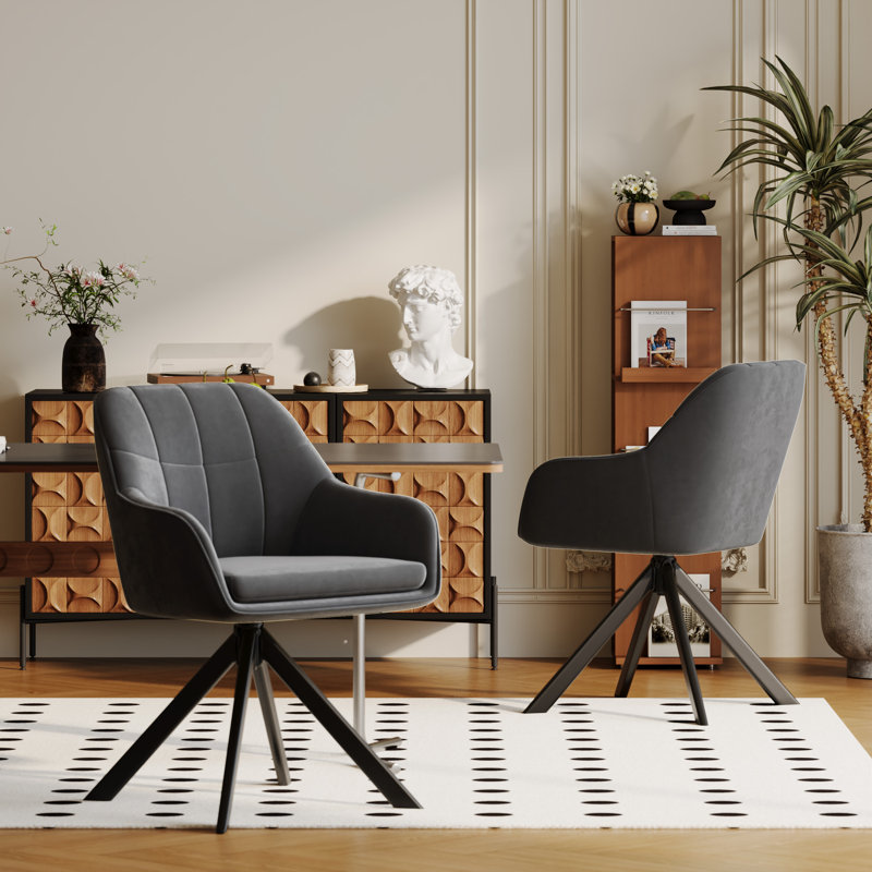 51cm H Upholstered Arm Dining Chair, Dark Grey, Velvet